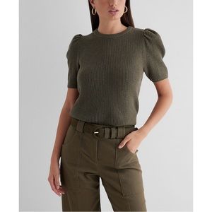 EXPRESS Ribbed Crew Neck Puff Sleeve Sweater in Orange